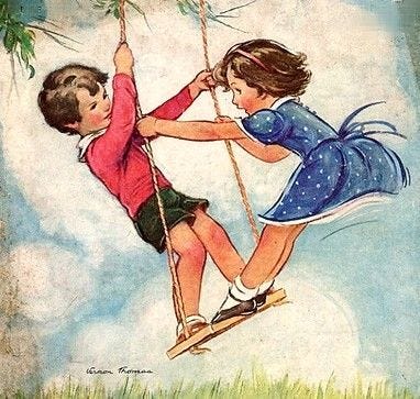 This may contain: an old children's book cover with two kids swinging on a swing and the title, good housekeeeping