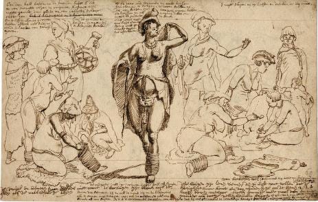 Samuel Daniell, Portrait of a KhoiKhoi, a San and Tswana men ('Hottentot, Bosjesman, Booshwana'), 1820.; Khoikhoi Fording a Stream, 1700; African Ox and Khoi Couple; 1700-1730; Khoi Women Dancing. Vijf danssende Hottentottinnen, 1700-1740; Khoi Women and Dutch Colonist., 1700-1740; Engraving of Khoikhoi figures and dwellings ~1700; Illustration or stylized image of San figures and cattle; uKhahlamba–Drakensberg "Rain-Bull Scene, 1000 BCE-40 CE