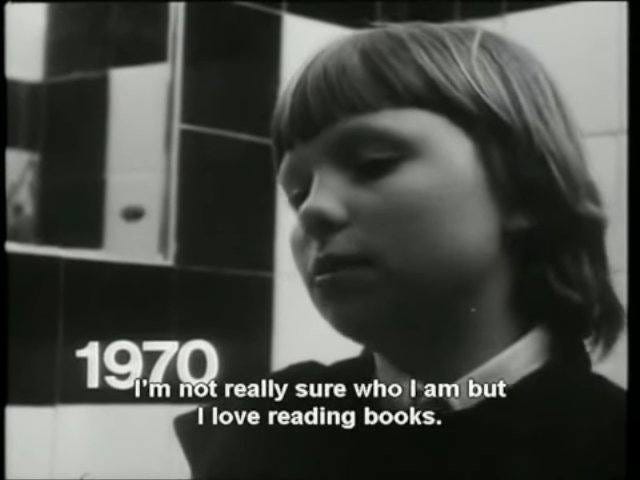 May be a black-and-white image of 1 person, bangs and text that says '1970 I'm not really sure who I am but love reading books.'