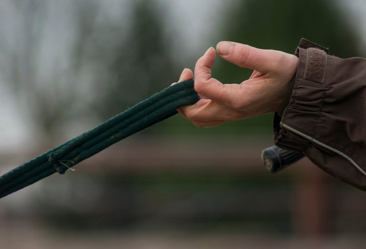 A hand barely holding reins
