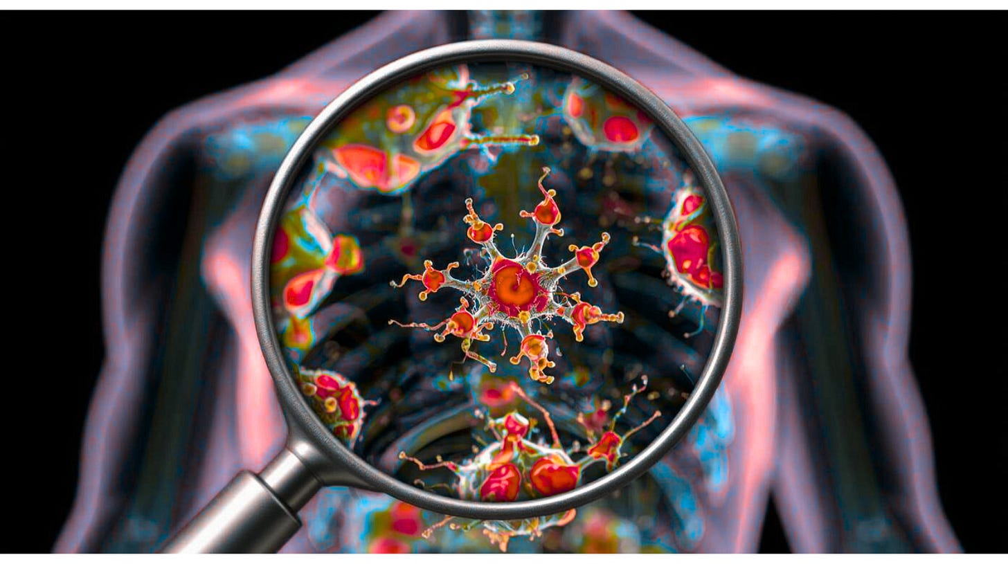 Image of a magnifying class looking into a human body.