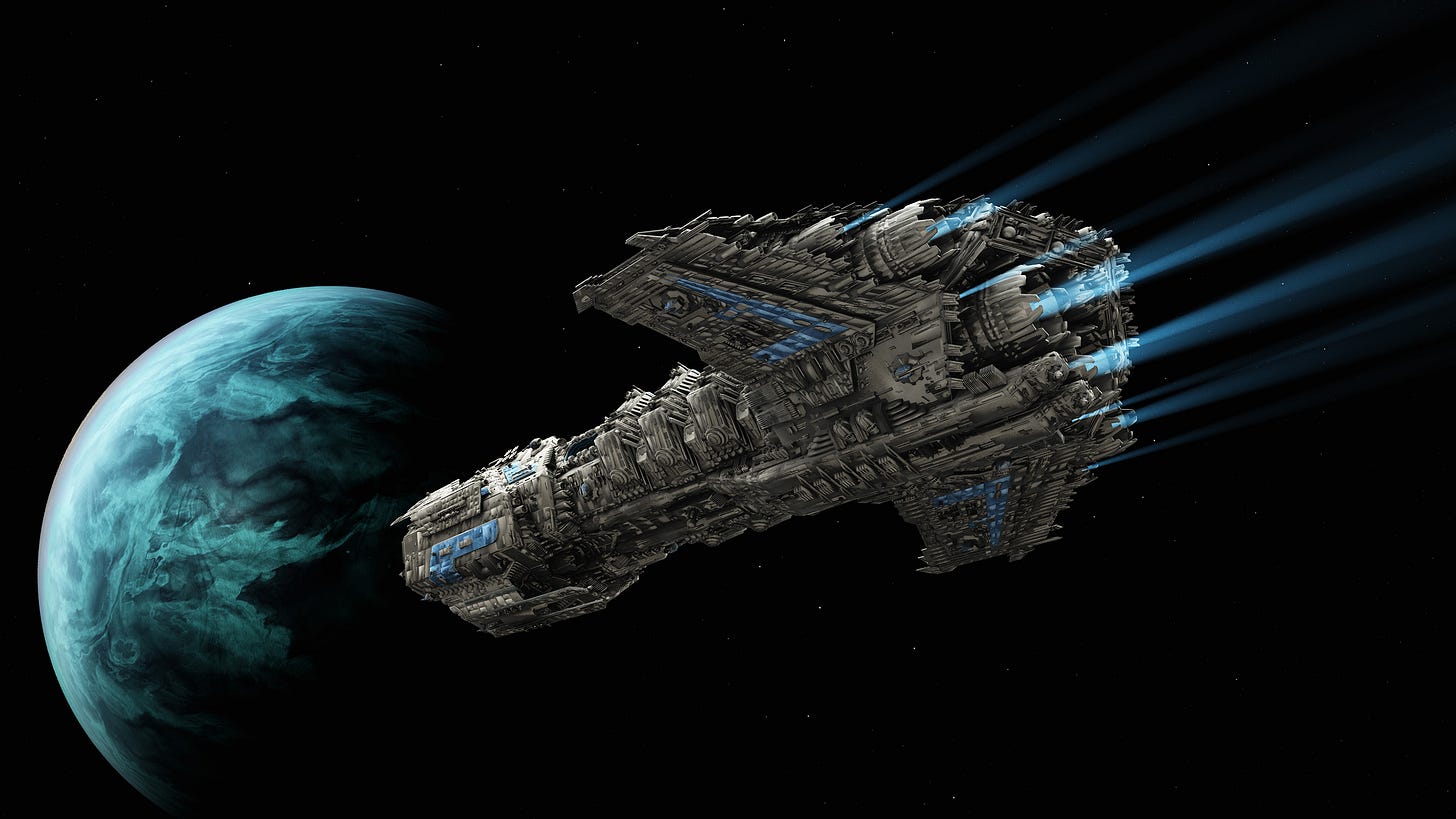 Decorative image of large spaceship flying towards a teal planet