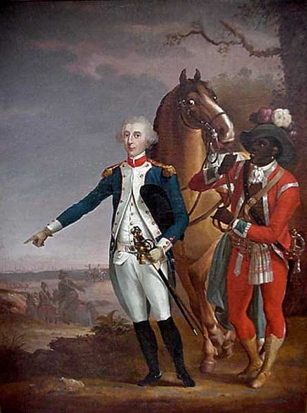 the marquis de lafayette stands pointing down and to his right in a navy blue military coat, white breeches, and riding boots. next to him a Black man in a red military uniform stands holding a Chestnut horse with a simple dark landscape behind them the marquis de lafayette stands pointing down and to his right in a navy blue military coat, white breeches, and riding boots. next to him a Black man in a red military uniform stands holding a Chestnut horse with a simple dark landscape behind them