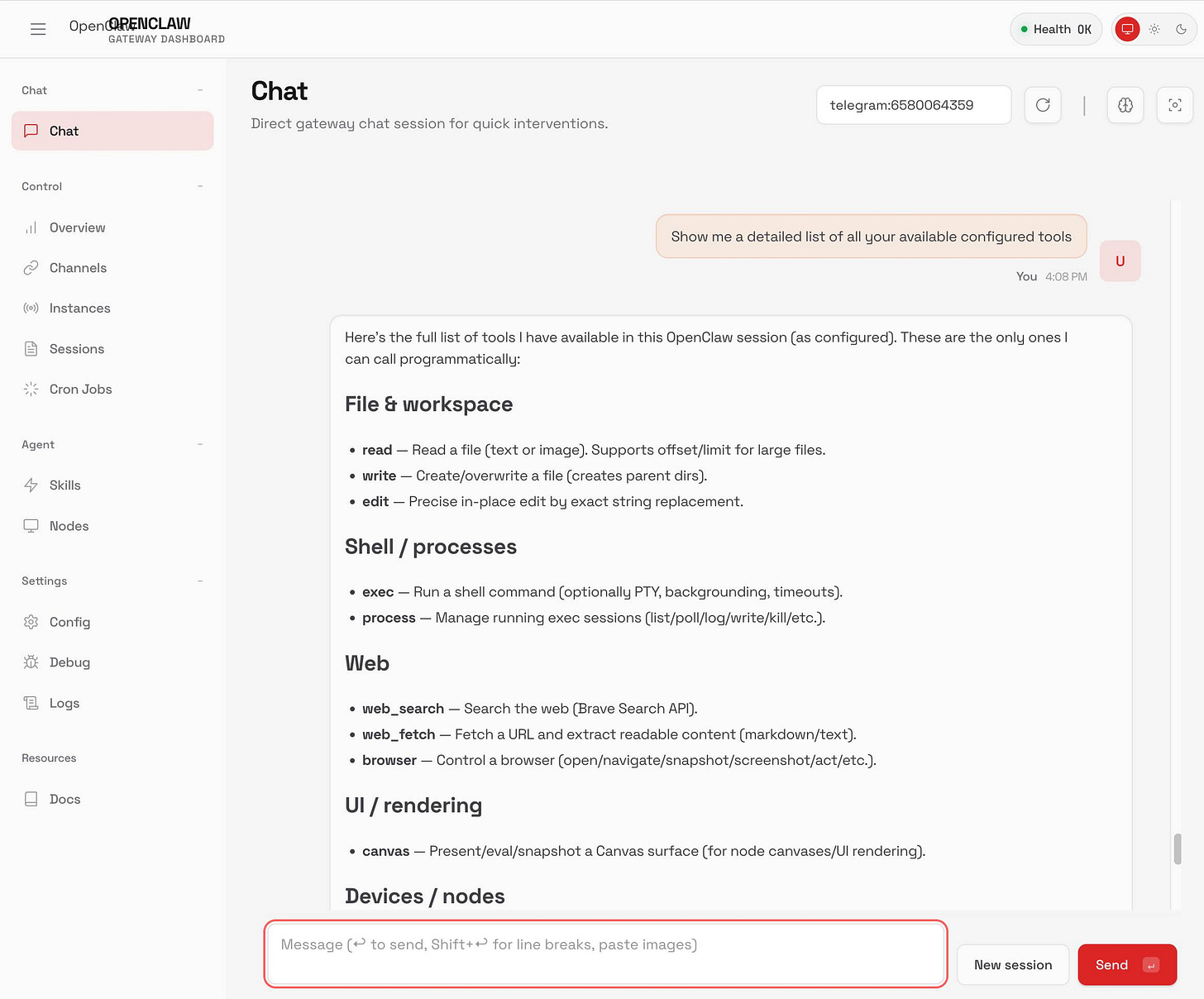 Screenshot of the OpenClaw Gateway Dashboard web interface. Header shows 
