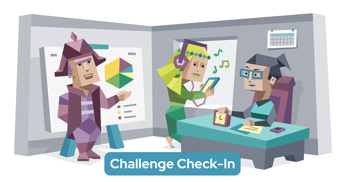 Three colleagues are in an office talking. A woman sits at a desk looking frustrated with the time. A man stands presenting a pie chart while a second woman listens to music. Text reads: Challenge Check-In
