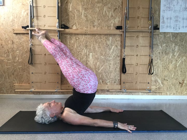 seven photos with a white haired woman in exercise clothing doing each of the Pilates exercises listed in the email