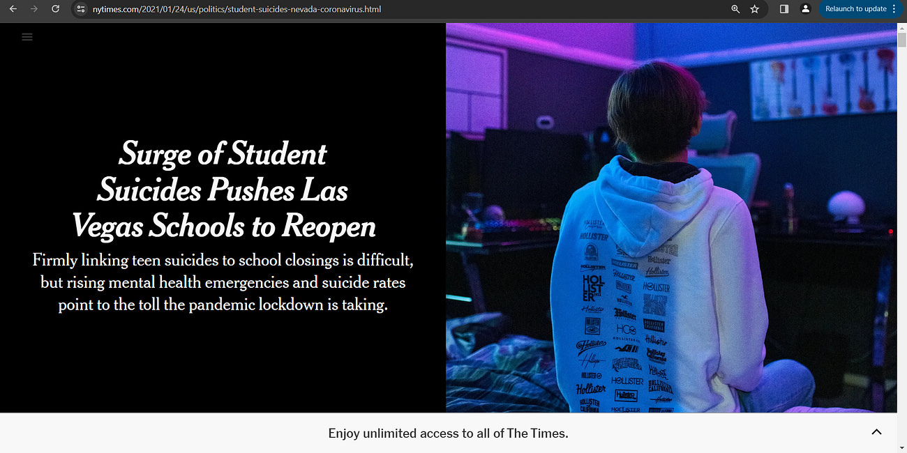3 years ago, beginning of 2021 (actually we wrote maybe 3 years 3 months ago for it took about 3 months to write it), I/we said that closing schools in COVID was a MISTAKE, disaster & would harm kids