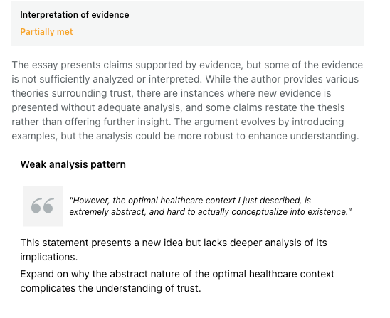 Screenshot of thesify feedback noting that a reference to an “optimal healthcare context” lacks sufficient theoretical analysis, highlighting the need to connect abstract concepts to the interpretation of trust.
