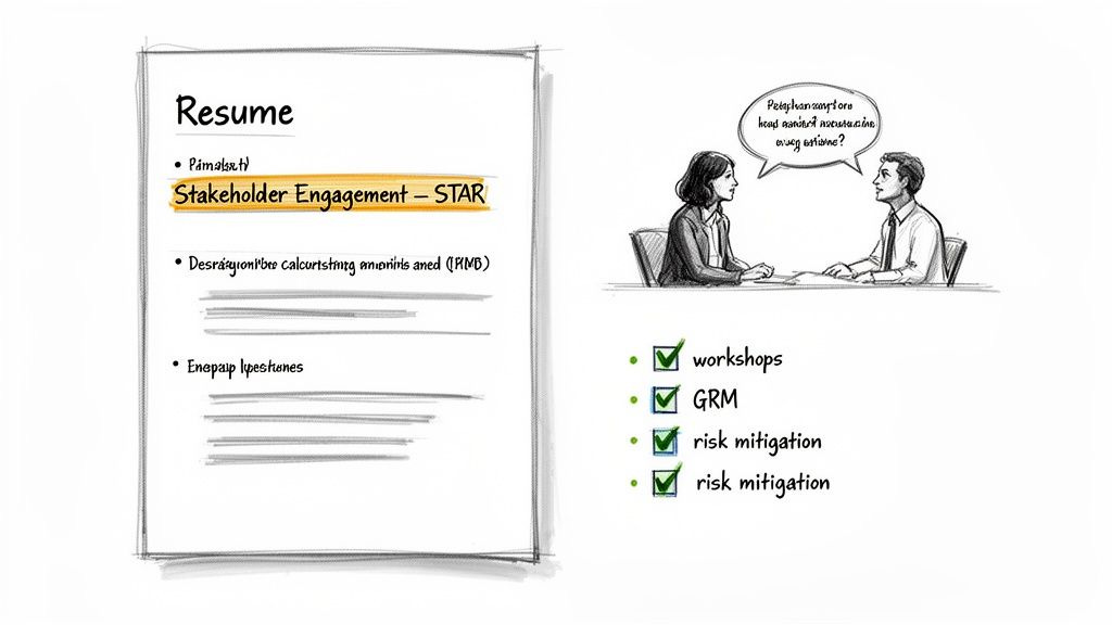 An illustrated image showing a resume with 'Stakeholder Engagement' highlighted, an interview, and a checklist of related activities.