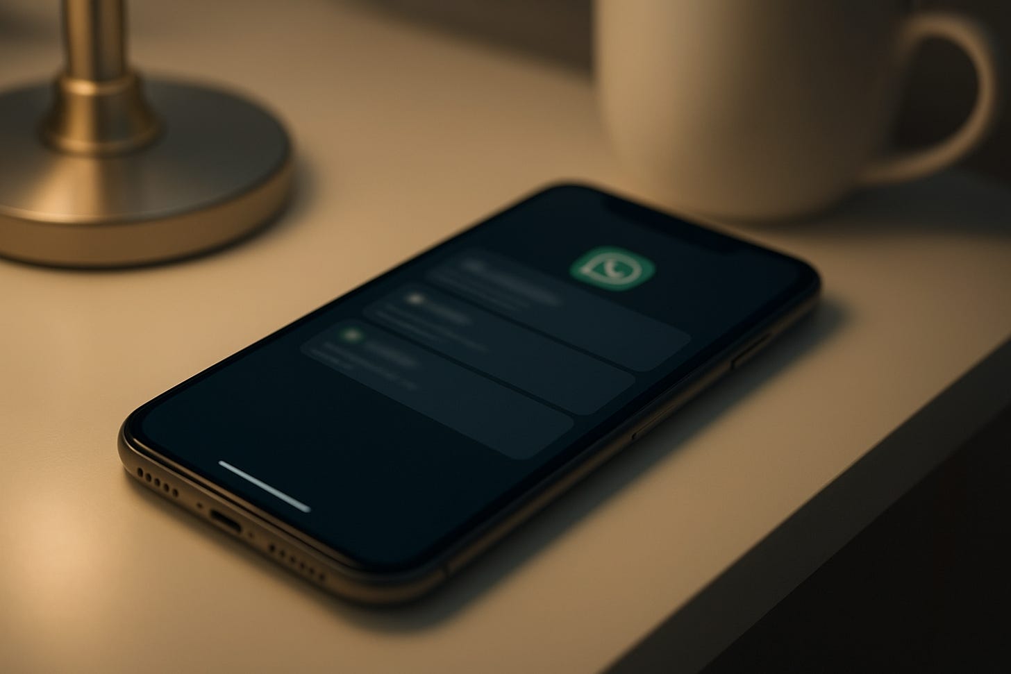 Locked phone on a nightstand showing unread WhatsApp messages.