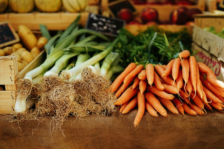 Grocery cart and fresh veggies. Photos by Eduardo Soares and Peter Wendt via Unsplash.