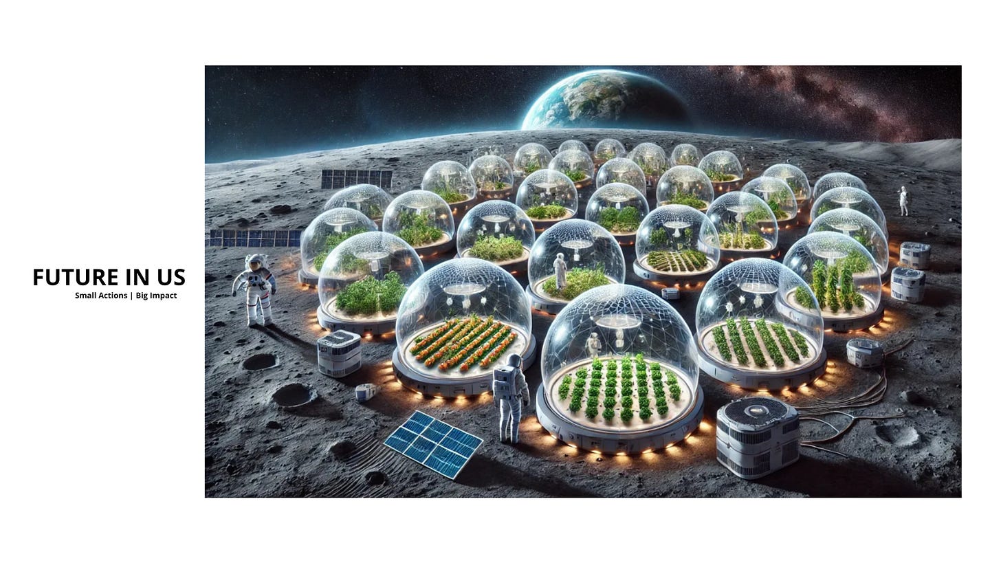 Green Moon Project concept: astronauts working on lunar agriculture inside biodomes. This vision of sustainable food production in space supports the FUTURE IN US message – Small Actions | Big Impact.