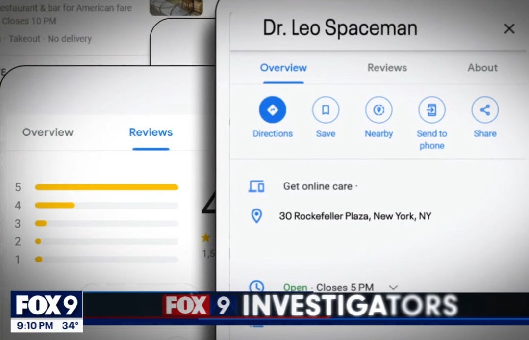 video screenshot of a local TV station story on fake reviews, showing review of 'Dr. Leo Spaceman,' the 30 Rock character video screenshot of a local TV station story on fake reviews, showing review of 'Dr. Leo Spaceman,' the 30 Rock character