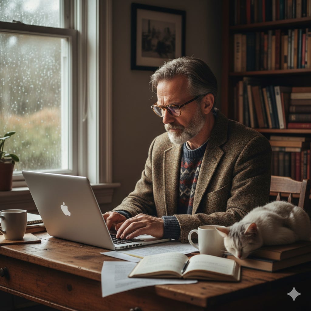 mature man at his laptop with a cat lying next to him (writing to the metrics)