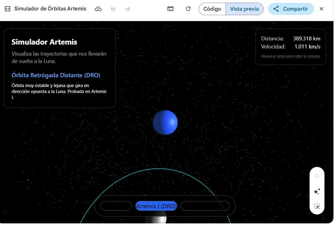 Ejemplo de simulación interactiva generada por Gemini Pro con modelo 3D y sliders de control