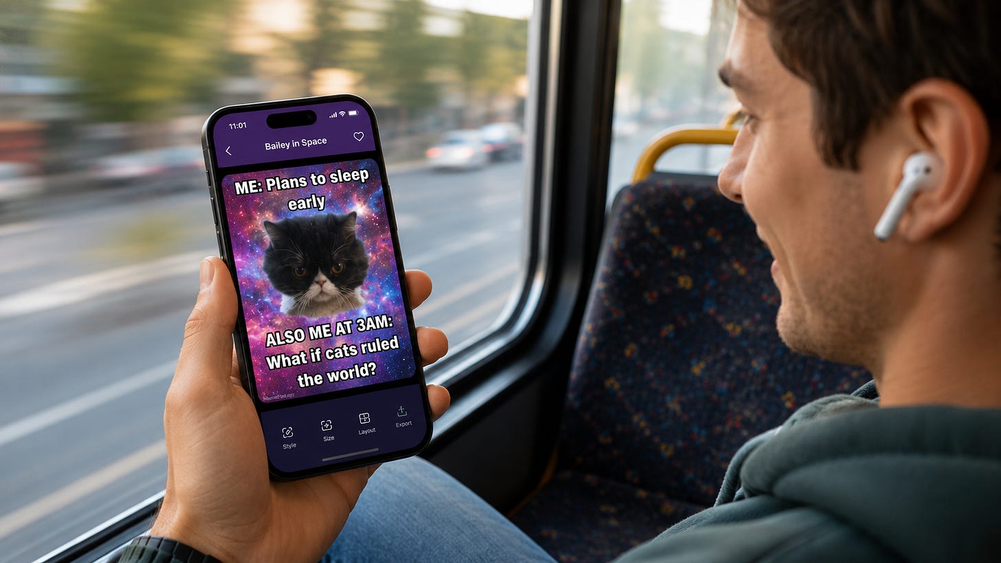 Person making a meme on their phone in under 60 seconds using an AI meme generator app