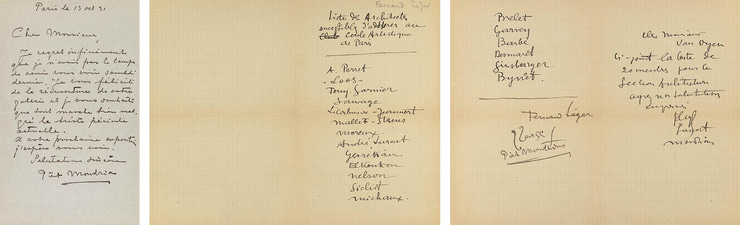 1. Brief van Piet Mondriaan aan Leopold van Oijen, 13 oktober 1931, collectie RKD, archief Willy Boers 2 & 3. Brief Piet Mondriaan, Fernand Léger en André Lurçat aan Leopold van Oijen, collectie RKD, archief Willy Boers 1. Brief van Piet Mondriaan aan Leopold van Oijen, 13 oktober 1931, collectie RKD, archief Willy Boers 2 & 3. Brief Piet Mondriaan, Fernand Léger en André Lurçat aan Leopold van Oijen, collectie RKD, archief Willy Boers