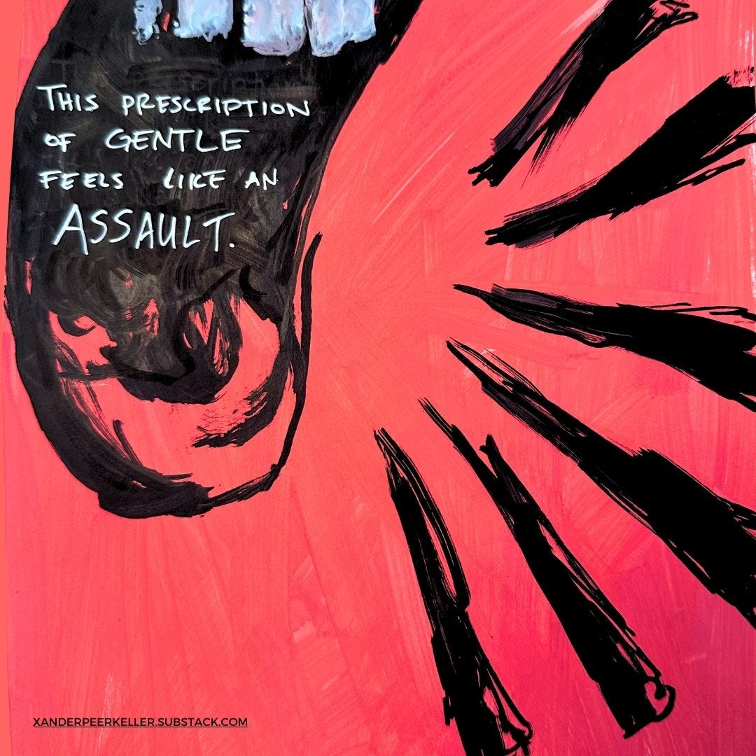 A painting of a large graphic black mouth with the words "This prescription of gentle feels like an assault" inside of it. The mouth is angrily shouting the words on a bright red background. 