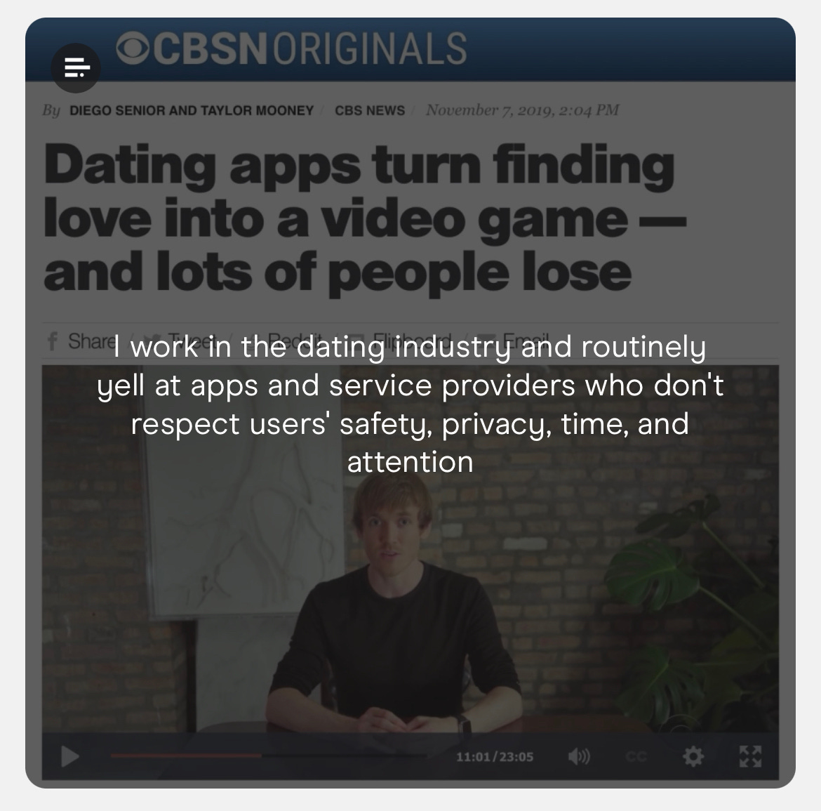 screenshot of dating consultant steve dean's dating profile photo caption; in the photo, steve sits facing the camera, explaining something