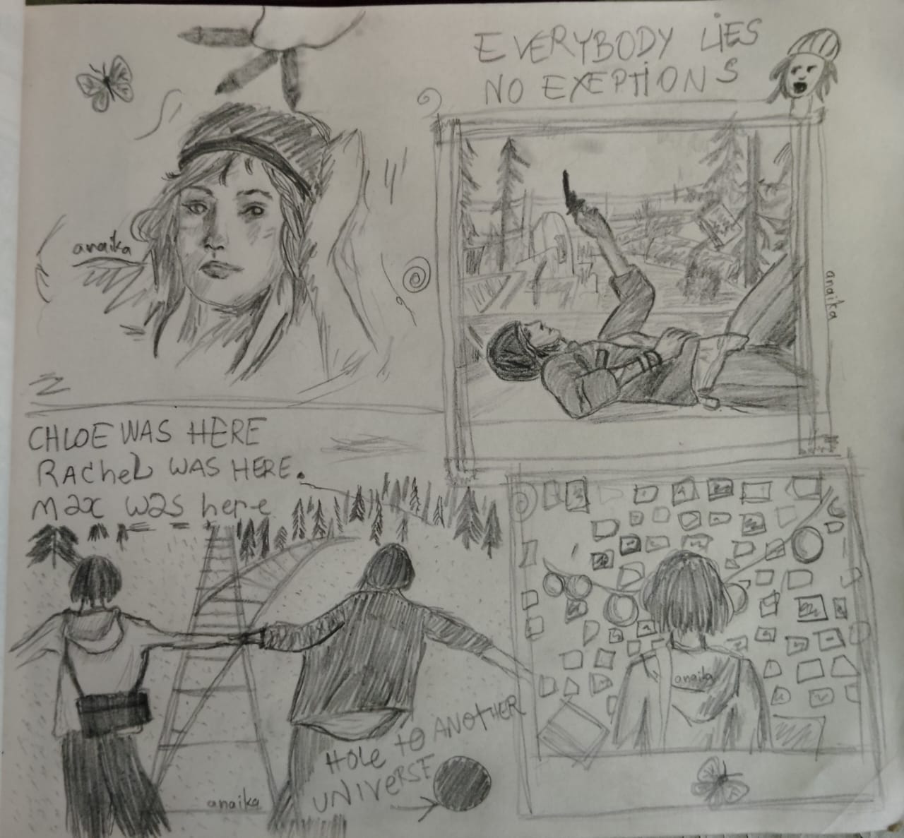 A page filled with sketches of Max and Chloe from Life is Strange.