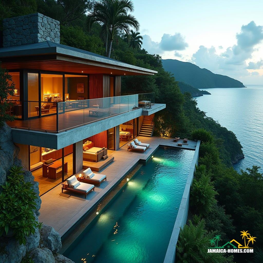 Luxury hillside villa, crafted from local stone and teak wood, blends seamlessly into the lush tropical foliage of Port Antonio, Jamaica, with sprawling outdoor lounge areas and infinity pools cascading towards the turquoise waters below. Floor-to-ceiling windows and sliding glass doors frame breathtaking ocean vistas, while incorporating Jamaican heritage and modern luxury elements.