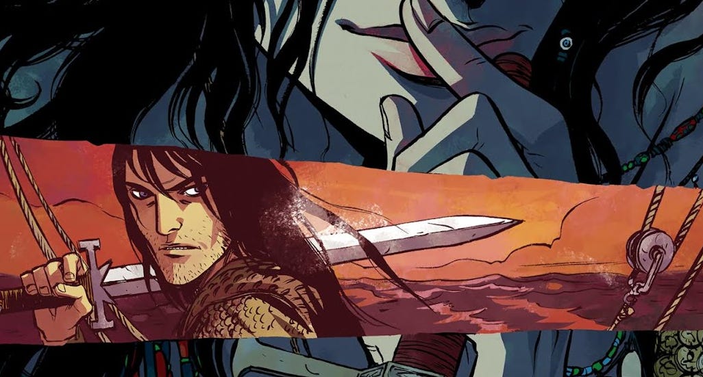 Becky Cloonan cover art from Conan: Queen of the Black Coast featuring a young Conan overlaid atop a pirate queen