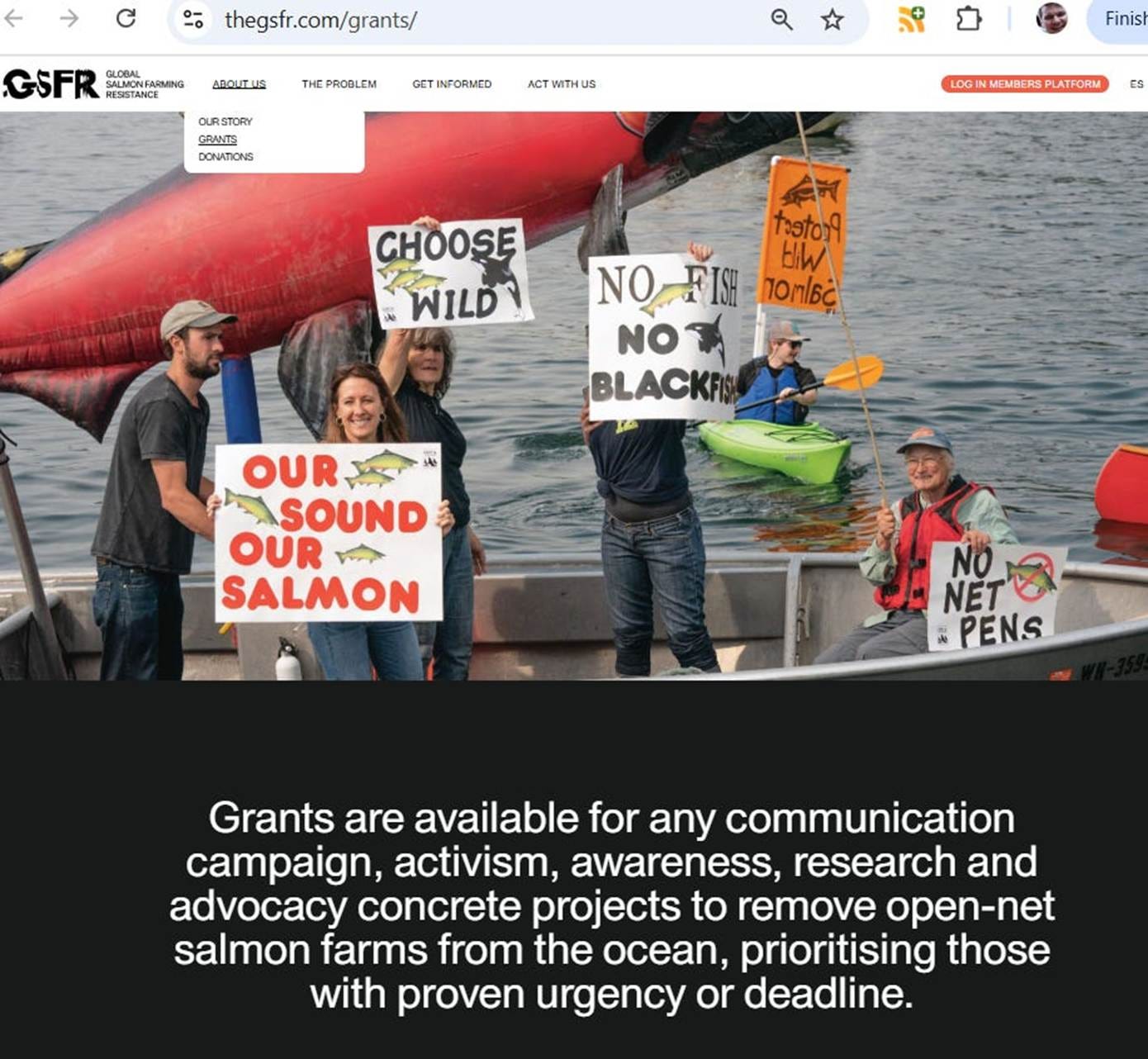 The image shows a group of people holding signs and a black fish, with a message promoting grants for campaigns and projects to remove open-net salmon farms.
AI-generated content may be incorrect. The image shows a group of people holding signs and a black fish, with a message promoting grants for campaigns and projects to remove open-net salmon farms.
AI-generated content may be incorrect.
