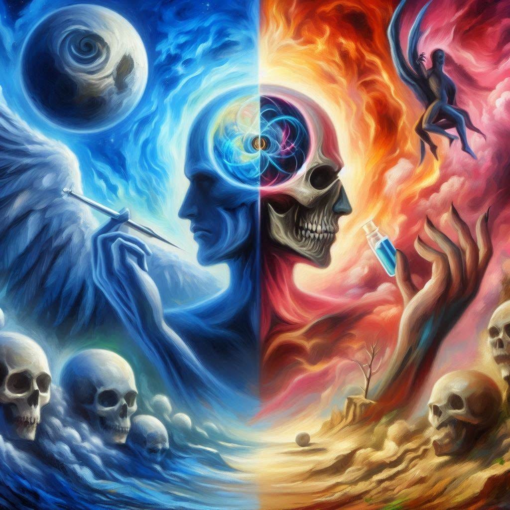 A modern oil painting of sickness vs evil 