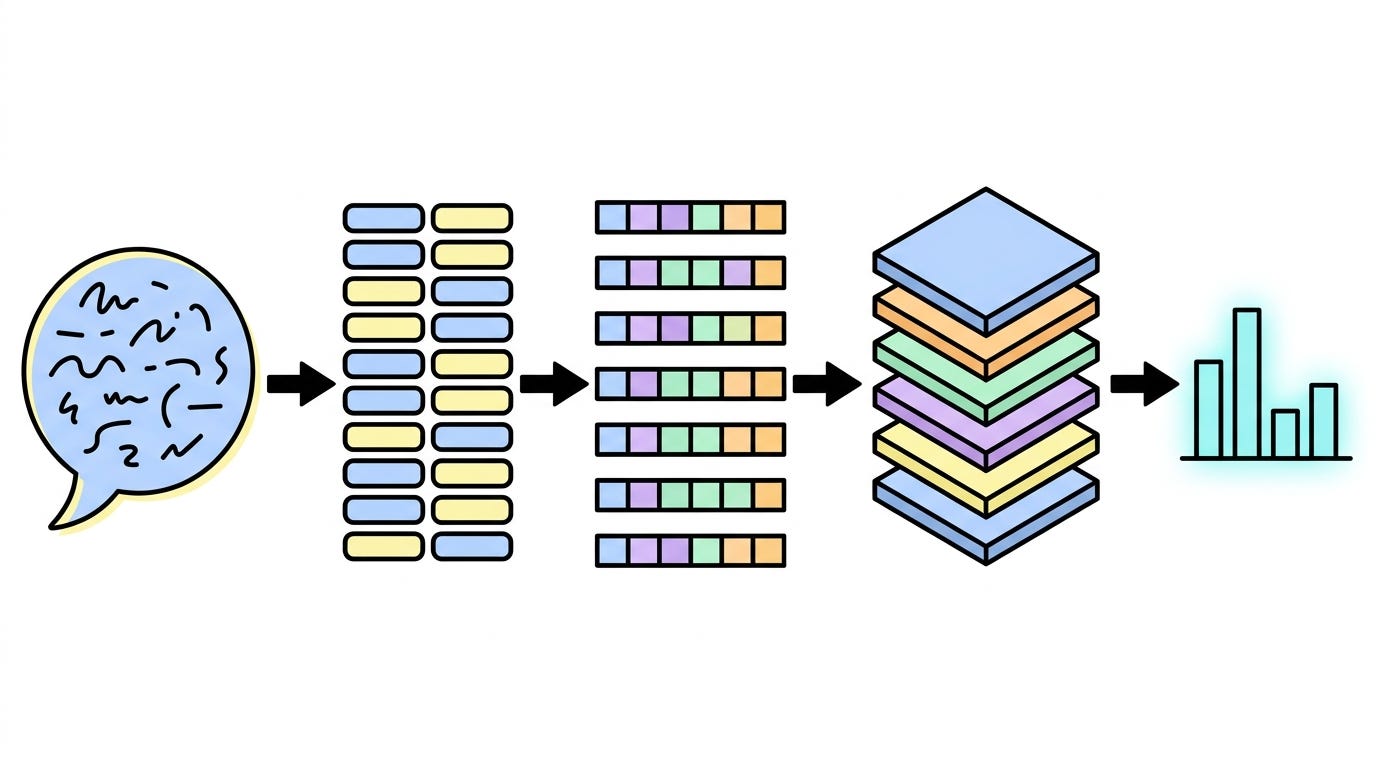 LLM pipeline: text to tokens to vectors to probabilities