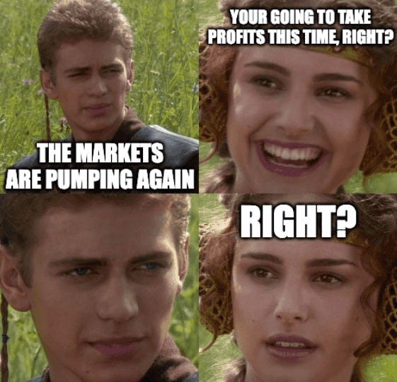 May be an image of 4 people and text that says 'YOUR GOING TO TAKE PROFITS THIS TIME RIGHT? THE MARKETS ARE PUMPING AGAIN HBSI RIGHT?'