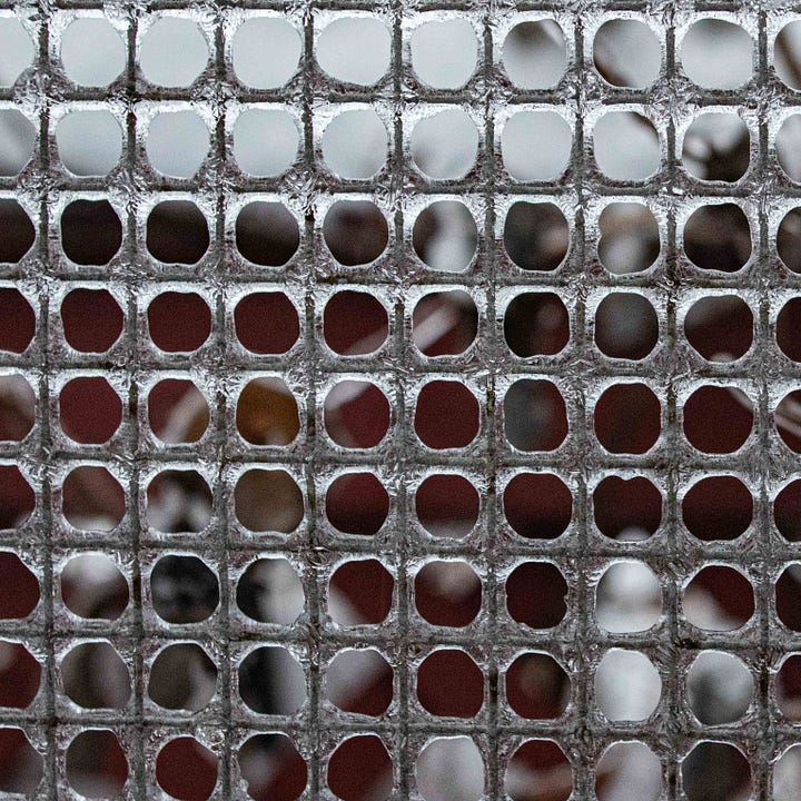 Diptych: Squares of ice and frosty flakes