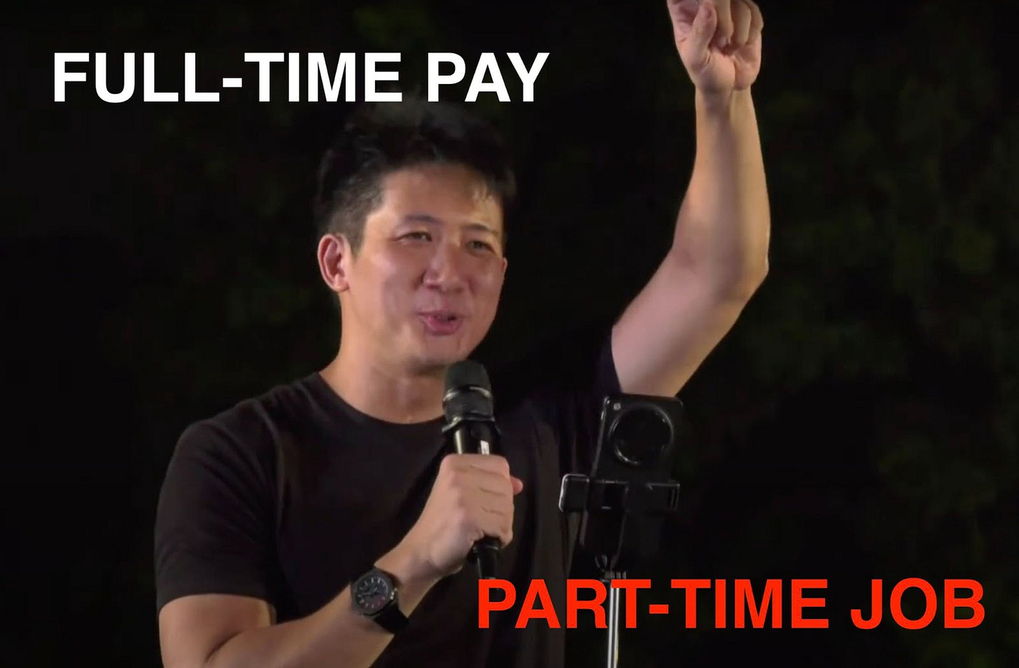 A picture of Jeremy Tan with the words "full-time pay, part-time job".