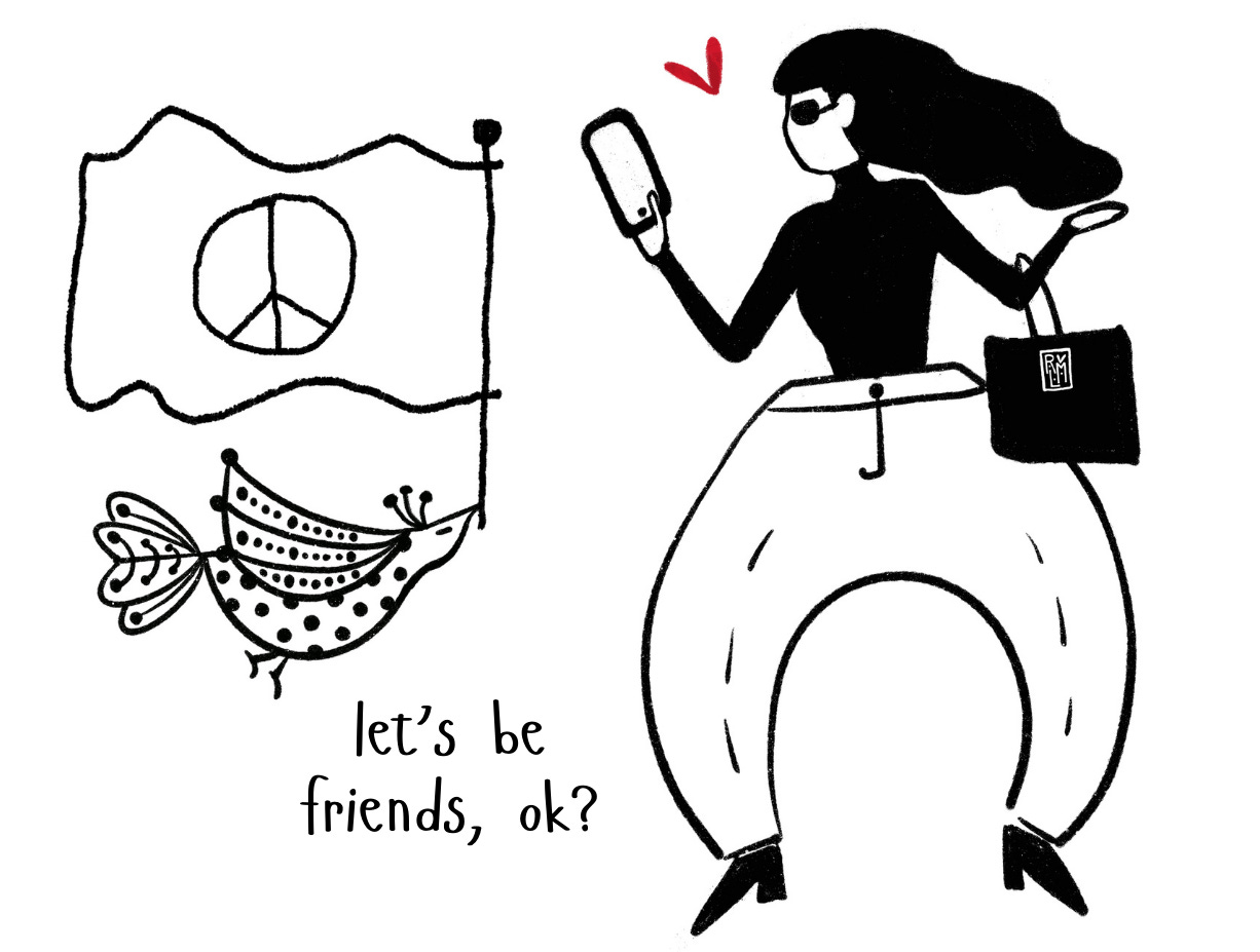 Bird with a peace flag being presented to a woman dressed in barrel jeans