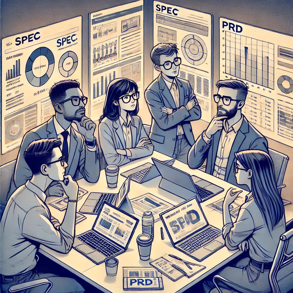 A cartoon-style digital illustration of a group of smart, professional-looking individuals engaged in a focused discussion. The team consists of a product manager, an engineer, a designer, and a marketing person, all appearing thoughtful and analytical rather than overly happy. They are gathered around a table, analyzing data and charts on laptops and tablets. Their body language shows deep thinking, pointing at screens, and exchanging insights. The office environment is modern and tech-driven, with screens, notebooks, and coffee cups creating a productive atmosphere. On the table, there are notes with the words 'SPEC' and 'PRD' visible, subtly placed among the papers and materials.