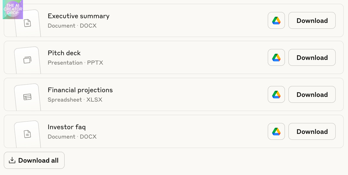 Screenshot showing four downloadable files created with Claude: an Executive Summary (DOCX), Pitch Deck (PPTX), Financial Projections (XLSX), and Investor FAQ (DOCX), each with Google Drive download buttons.