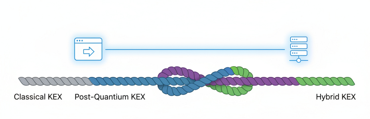 Two braided strands labeled classical and post-quantum key exchange forming a hybrid connection cable Two braided strands labeled classical and post-quantum key exchange forming a hybrid connection cable