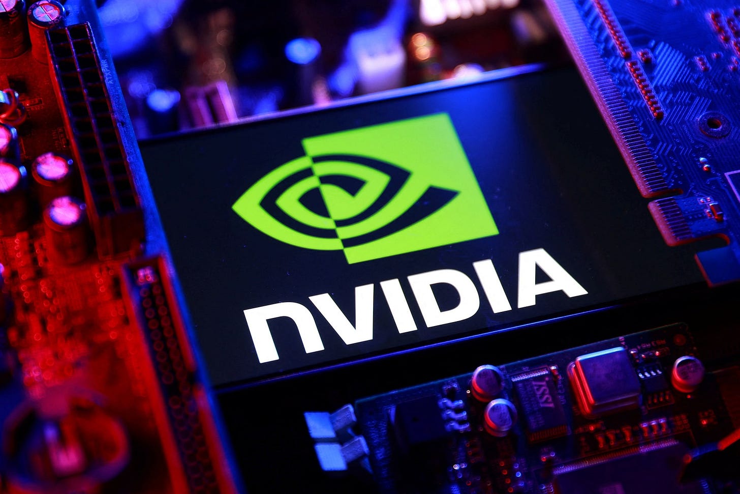 Illustration shows NVIDIA logo and computer motherboard