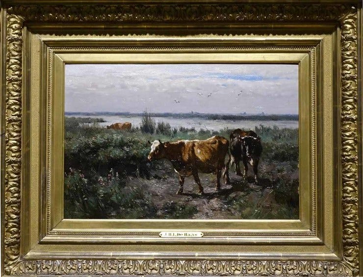 'Koeien in Hollands landschap' - olieverf op paneel: J.H.L de Haas (kavel 697 Veilinghuis Van Spengen) 'Koeien in Hollands landschap' - olieverf op paneel: J.H.L de Haas (kavel 697 Veilinghuis Van Spengen)