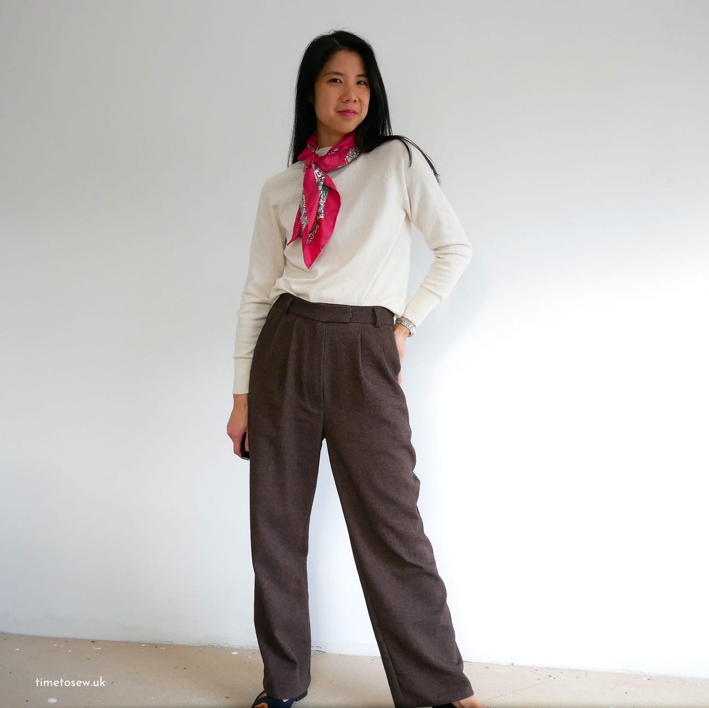 Just Patterns Tatjana in wool by Time to Sew, worn with cream sweater and Liberty scarf