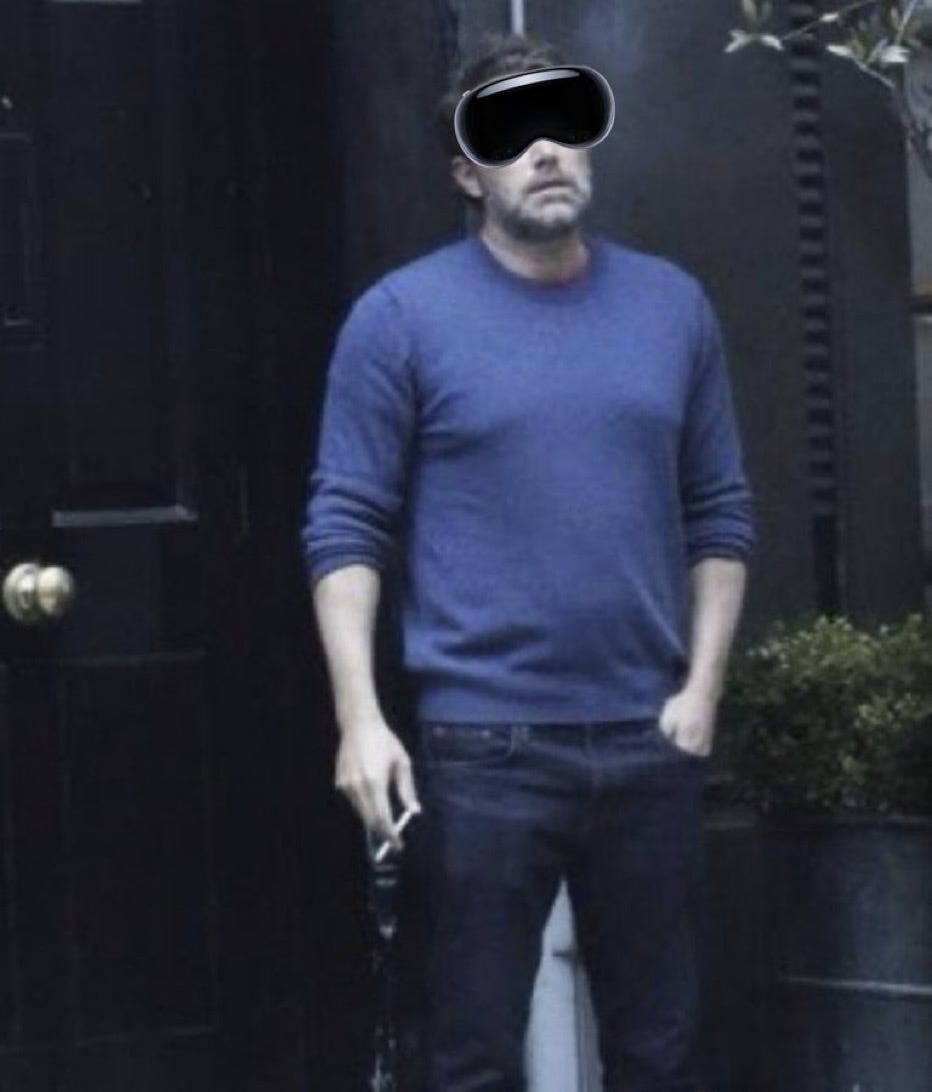 Ben Affleck, exhausted, wearing Vision Pro (pasted) on his face