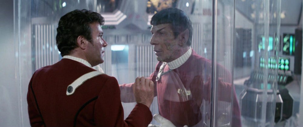 Star Trek II: The Wrath of Khan. Kirk on the other side of the glass from Spock, seeing his friend succumb to his injuries from sacrificing himself to save the Enterprise. Is it dusty in here? So much dust.