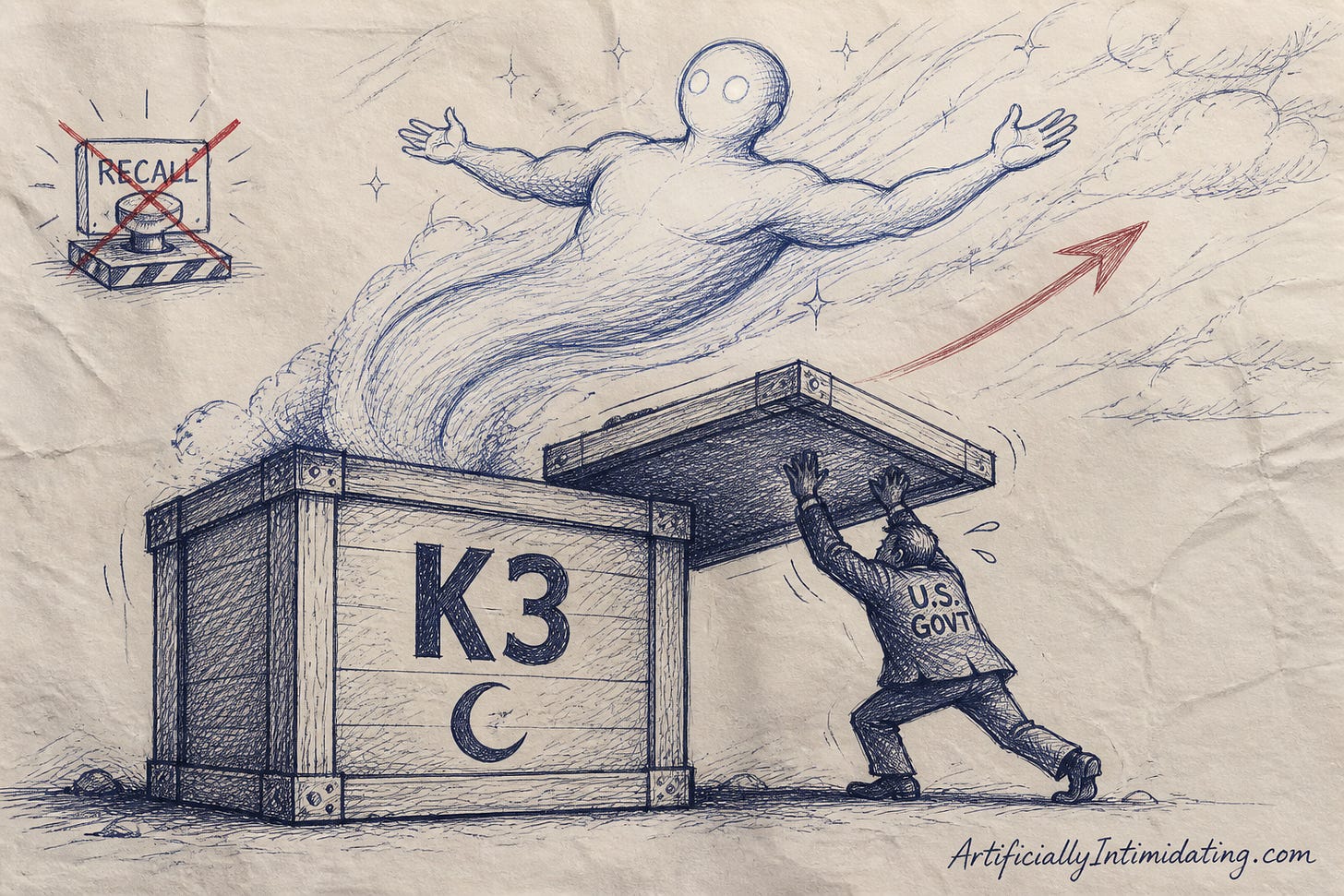 Editorial cartoon: a crate stamped K3 with a crescent-moon logo, its lid blown off as a glowing AI model escapes into the sky while a US GOVT official fails to shut it; a RECALL button is crossed out. Editorial cartoon: a crate stamped K3 with a crescent-moon logo, its lid blown off as a glowing AI model escapes into the sky while a US GOVT official fails to shut it; a RECALL button is crossed out.