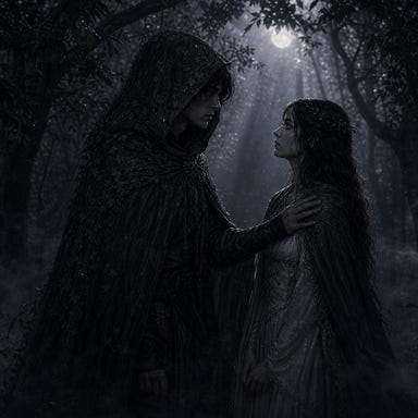 Clarion and Ireena speaking beneath a moonlit Barovian forest canopy, sharing a moment of sacred intimacy; soft silver light filtering through leaves; Clarion calm and steady with a gentle hand on Ireena’s shoulder; Ireena listening with vulnerable resolve; drifting mist and quiet Gothic atmosphere; original faces with no resemblance to real people