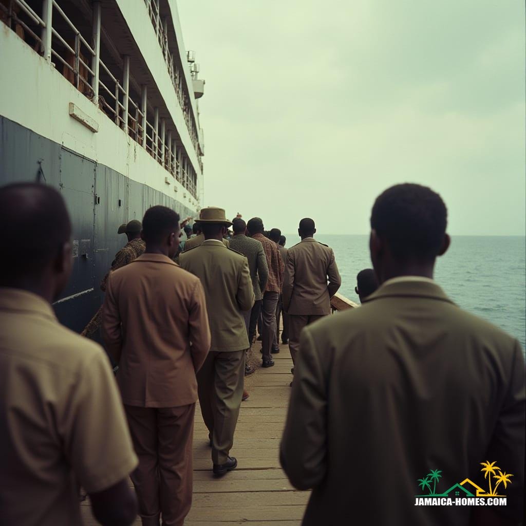  Cinematic film still of Jamaicans disembarking from the HMT Empire Windrush, a British troop ship, on June 22, 1948, in Britain, carrying 1,027 Caribbean passengers now known as the Windrush Generation. Shot on v-raptor XL, featuring film grain, vignette, rich color grading, post-processing, dramatic cinematic lighting, 35mm film, live-action, best quality, atmospheric, a masterpiece, epic, stunning, and visually dramatic.