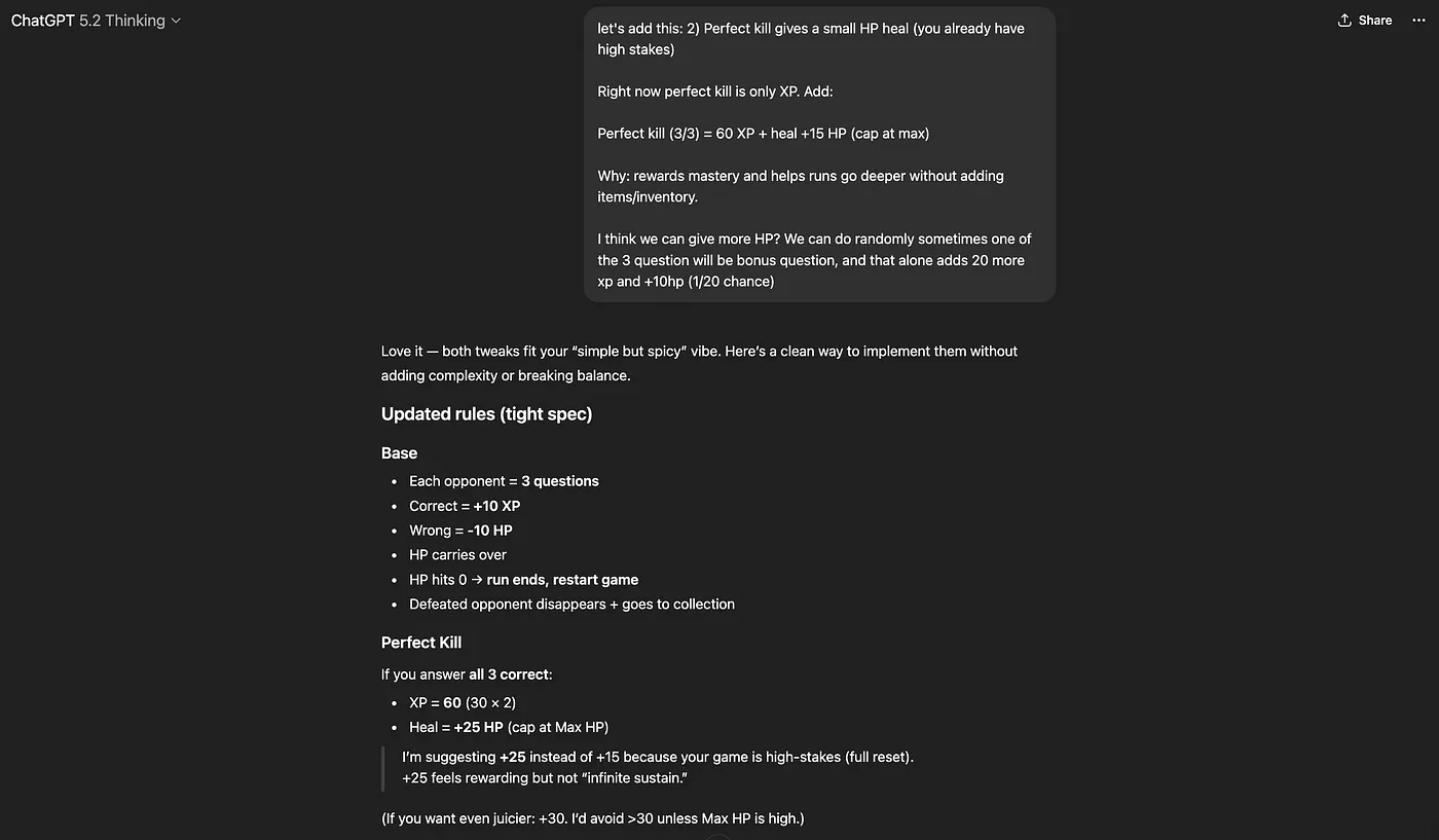 ChatGPT에서 게임 규칙의 세부 사항에 대해 AI와 논의하는 대화.