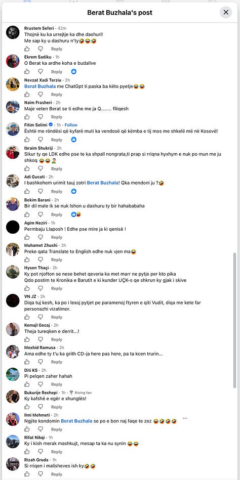 Berat Buzhala dhe komentuesit në postimin e tij në Facebook.