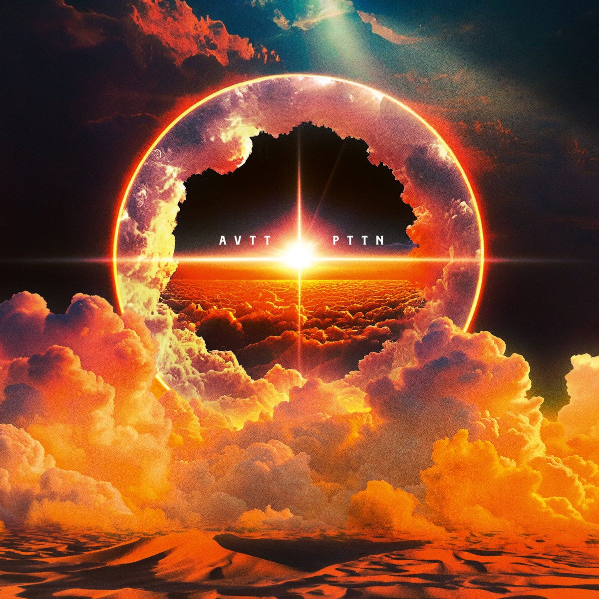 Album artwork for the AVTT/PTTN album.  The artwork is by Martin Kvamme, who has lots of album cover credits, including works by The Avett Brothers and Mike Patton. The colors of the artworks are primarily black, and shades of orange. It shows a fiery ring in the sky with lots of clouds. A horizon appears in the ring.