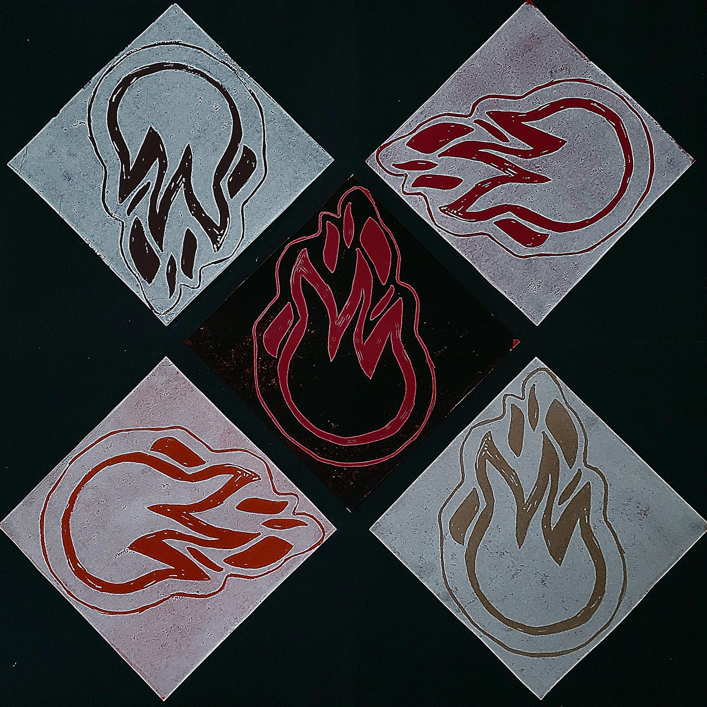 Block-printed art with a black background. Hot-colored fire illustrations printed on white diamonds, X4, with one in the middle using negative space- red on black. Block-printed art with a black background. Hot-colored fire illustrations printed on white diamonds, X4, with one in the middle using negative space- red on black.