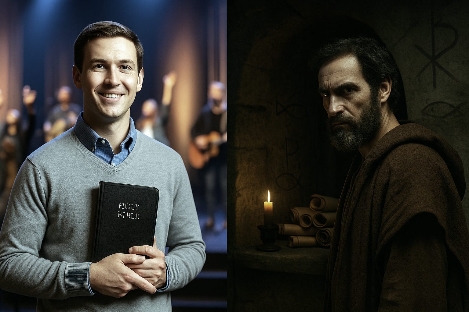 A split-screen image showing a modern Christian in a megachurch holding a Bible, contrasted with an early Christian from 300 CE in robes and a candlelit stone room, illustrating the clash of beliefs across time.