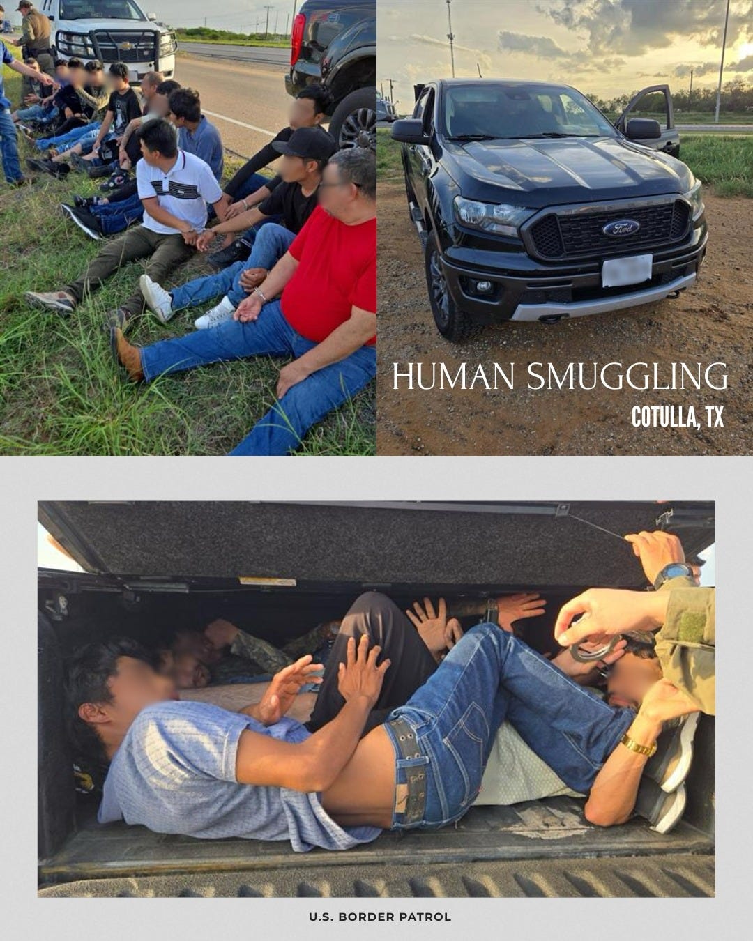 Laredo Sector Border Patrol Agents found 13 migrants hidden in the bed of a pick-up truck they pulled over in Cotulla, Texas. (US Border Patrol photos & graphic) Laredo Sector Border Patrol Agents found 13 migrants hidden in the bed of a pick-up truck they pulled over in Cotulla, Texas. (US Border Patrol photos & graphic)